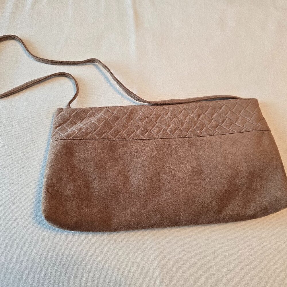 Reva Vintage Tan Clutch UltraSuede Suede Faux Fabric Quilt Basket Weave Look GUC